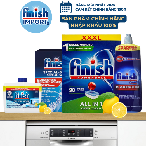 Combo 4 món: 90 viên Finish All in 1 XXXL hương chanh + 1,2kg muối Finish + 1150ml nước làm bóng Finish + 250ml vệ sinh máy Finish